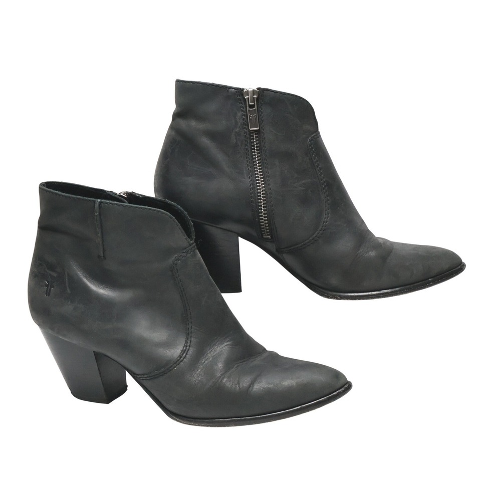 Frye Jennifer Black Leather Ankle Boots 6.5 M Pointed Toe SEE Side‎ Zip Boho